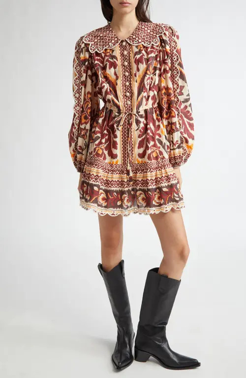 FARM Rio Long Sleeve Button Front Minidress in Toucans Scarf Cream at Nordstrom, Size X-Large | Nordstrom
