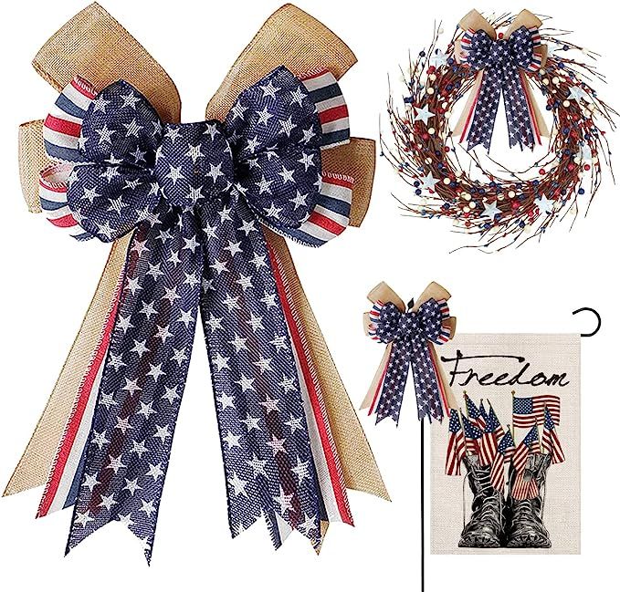 Hongsome Patriotic Decor Bows for Wreaths,Burlap Red White Blue Stripe Stars Tree Topper Bow for ... | Amazon (US)