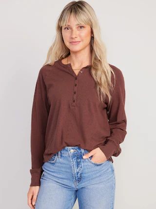 Long-Sleeve Loose Slub-Knit Henley T-Shirt for Women | Old Navy (US)