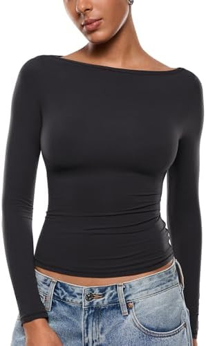 INLYRIC Women's Inbarely Ultra Long Sleeve Shirts Boat Neck Double Lined Going Out Tops Tight Fit... | Amazon (US)