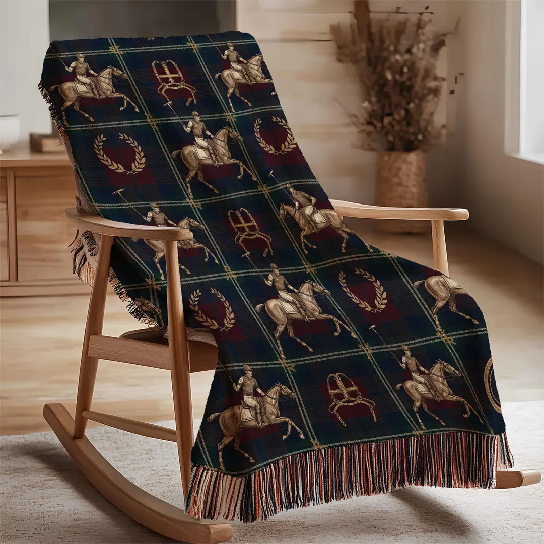 Equestrian Polo Pattern Blanket Elegant Plaid Throw With Horse and Rider Design Classic Country C... | Etsy (US)