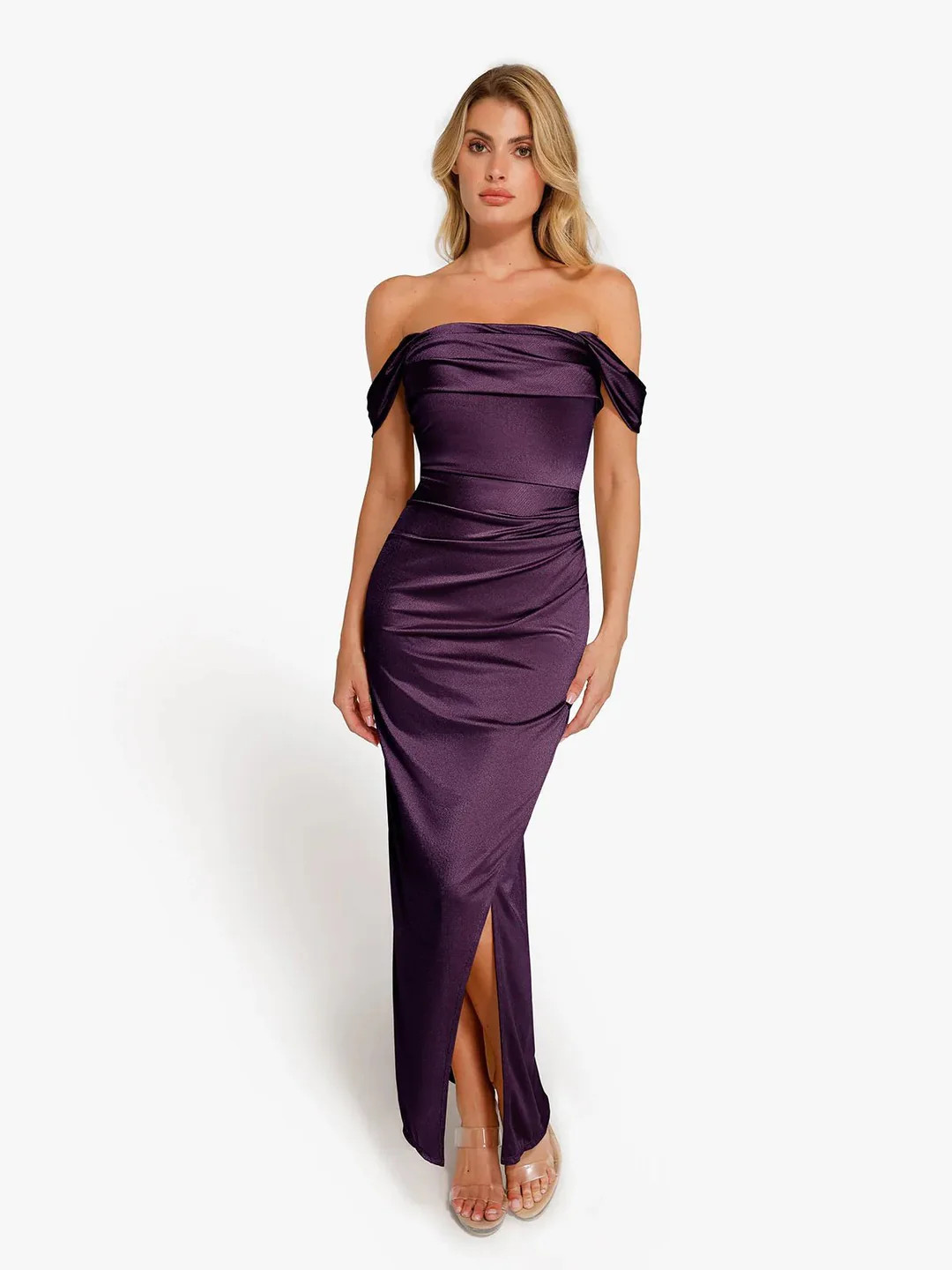 Shapewear Off Shoulder Shine Ruched Sculpting Maxi Dress | Popilush