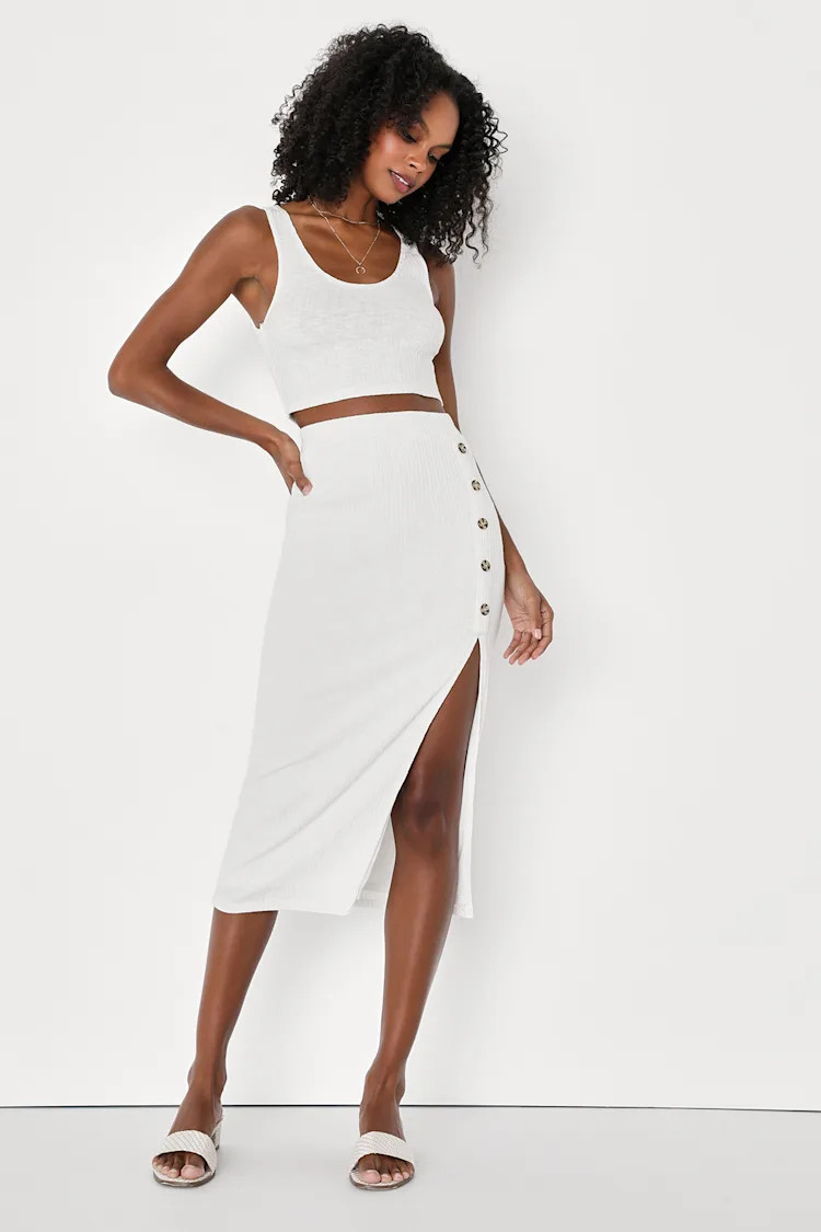 Summer Staple White Ribbed Knit Two-Piece Bodycon Midi Dress | Lulus (US)