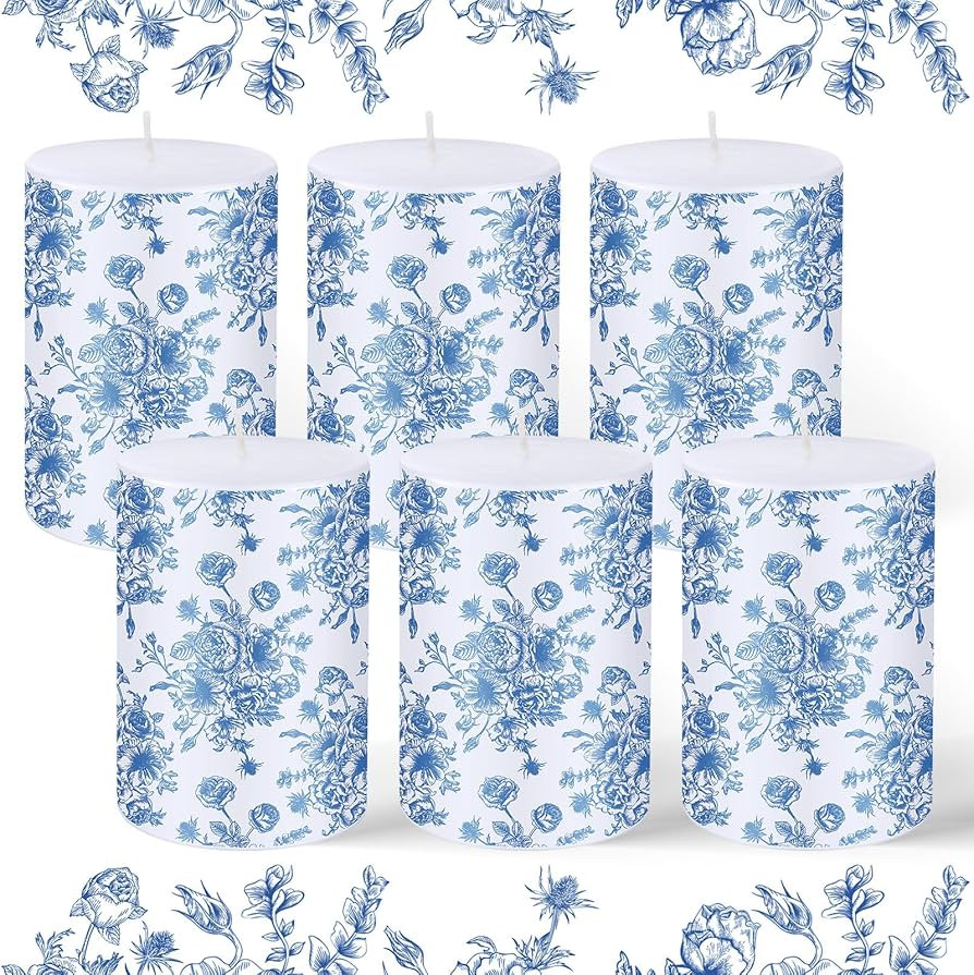 MTLEE 6 Pcs Chinoiserie Pillar Candles 3 x 4 Inch Blue and White Floral Printed Candles Unscented... | Amazon (US)