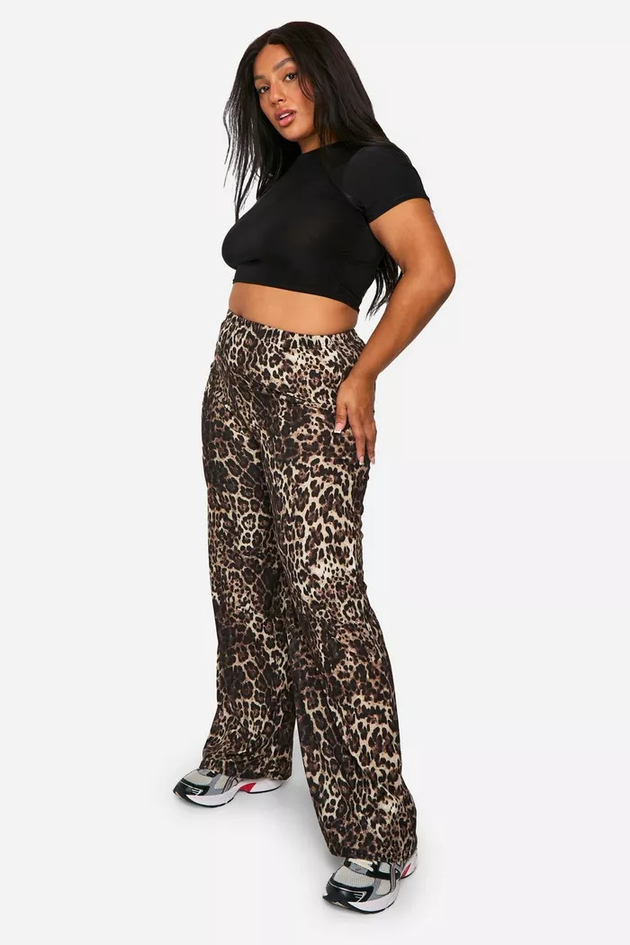 Plus Leopard Print Jersey Wide Leg Trousers | Boohoo.com (UK & IE)