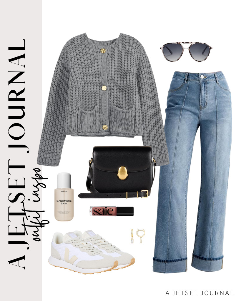 I am obsessed with this combination of a gray knit cardigan and denim pants. This Veja Rio Branco II perfectly matches this outfit. Wear your SOJOS sunnies and crossbody flap bag, and you’re good to go. 

 #LTKSeasonal #LTKSaleAlert #LTKTravel