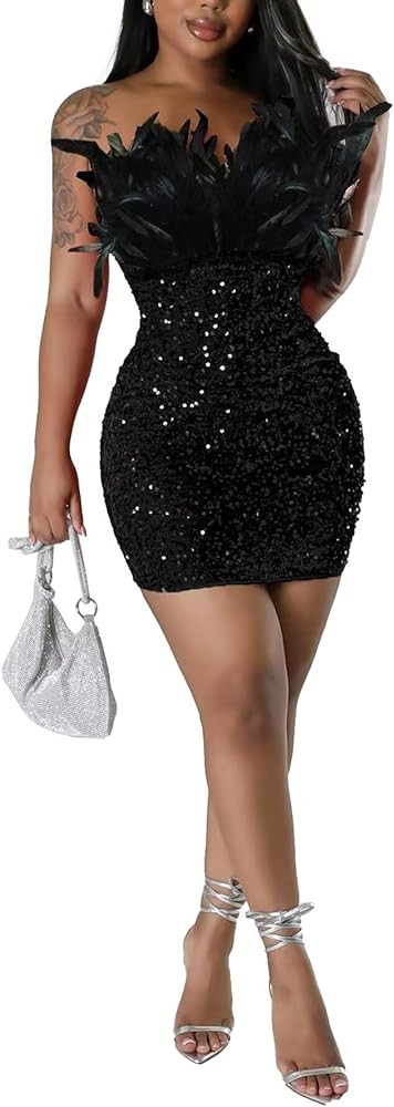 LROSEY Women's Feather Sequin Dress Plus Size Y2K Sparkly Mini Dresses for Fall Birthday Party Cl... | Amazon (US)
