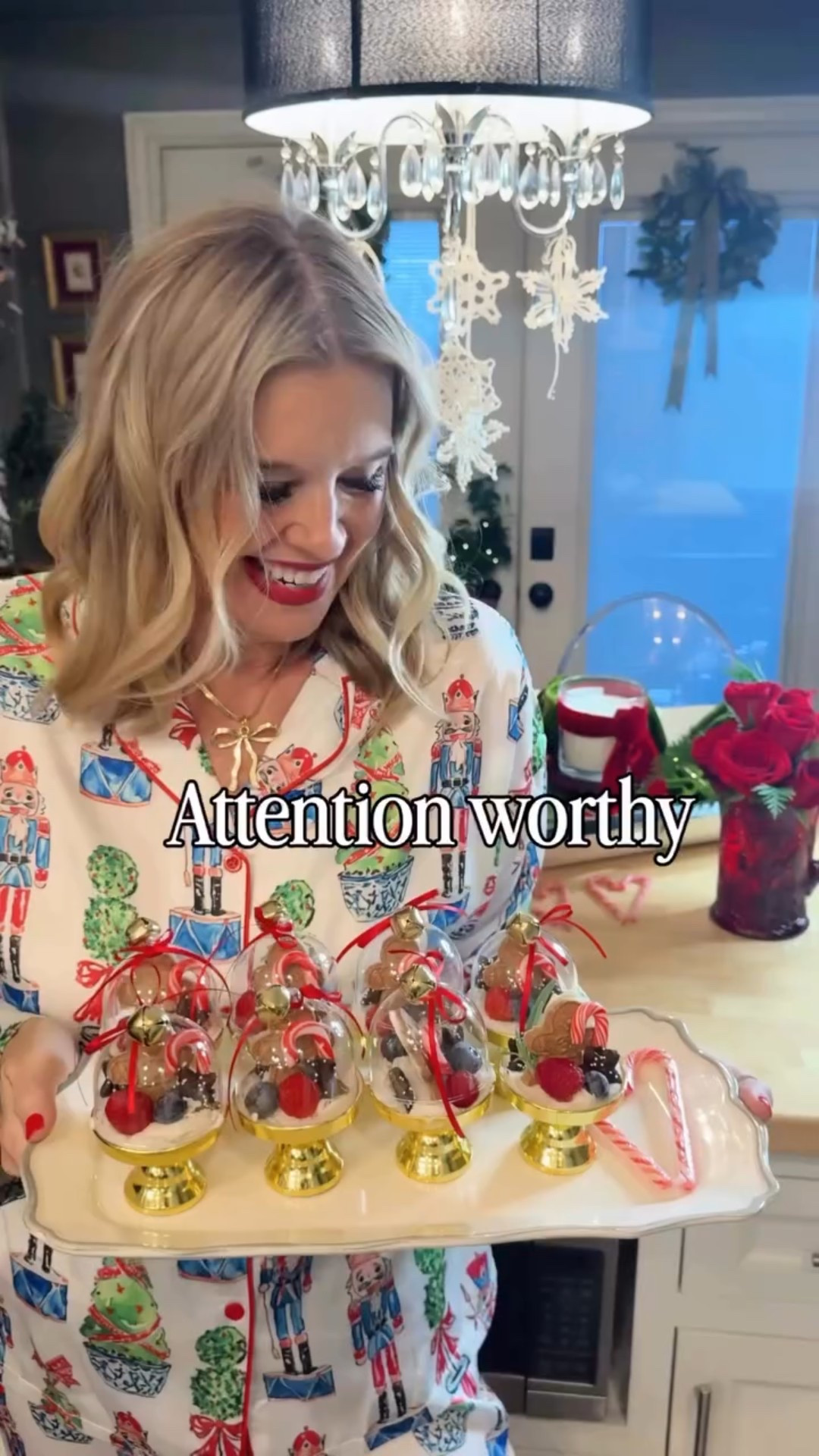 Attention worthy…

Easy Holiday Dessert created in mini dome cake stands…

You’ll need Frosting, coconut, mini gingerbread cookies, little star cookies, raspberries, blueberries, candy cane, rosemary … and assemble…. 
I tied a gold bell with red bow tie the dome for a little more holiday flair❤️🎄

Easy to assemble mini cake stand & dome lid desserts, that could also be used to create mini charcuterie treats, party favors and so much more. 

Comment “shop” for links.