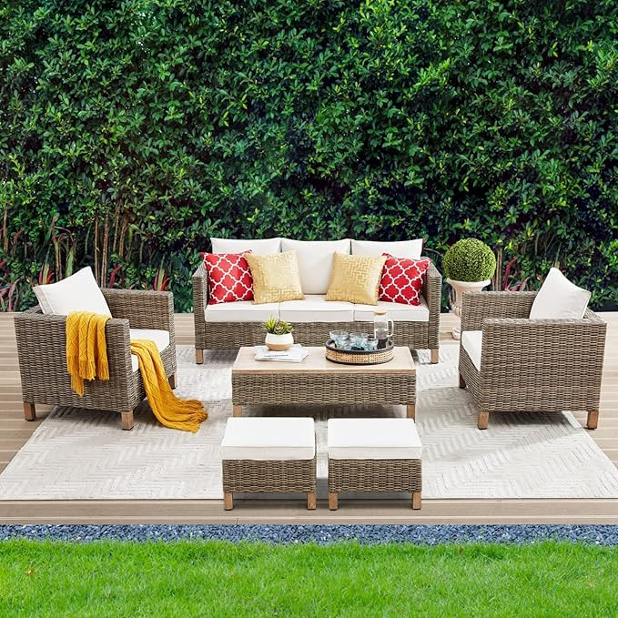 Patio Furniture Set Sectional Sofa with Metal Top Coffee Table, 6 Pieces Conversation Set Hand Wo... | Amazon (US)