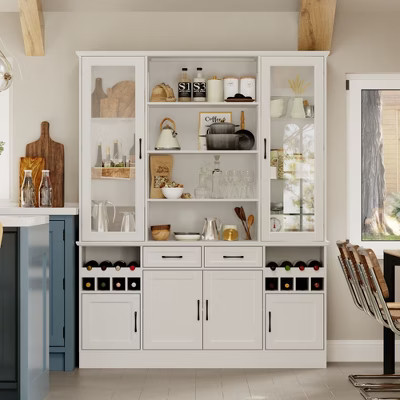 Famapy White Kitchen Cabinet: Glass Doors, Wine Rack,Multi - Storage Zones –  Perfect for Display & Storage | Target