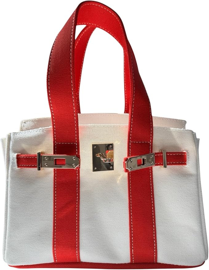 Canvas Mini Tote Bag, 8 Pockets, Distressed Finish, Durable, Gold Hardware (Red/Cream) | Amazon (US)