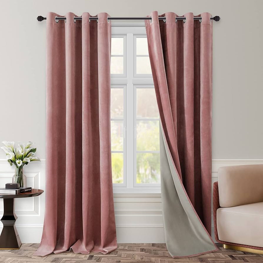 HOMEIDEAS 100% Blackout Velvet Curtains 2 Panels Blush Pink Blackout Curtains for Bedroom/Living ... | Amazon (US)
