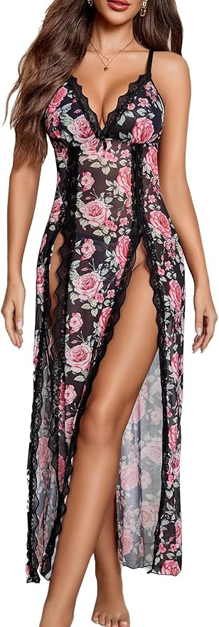 Avidlove Lencería de encaje para mujer, camisón sexy de malla, cuello en V, camisón con abertu... | Amazon (US)
