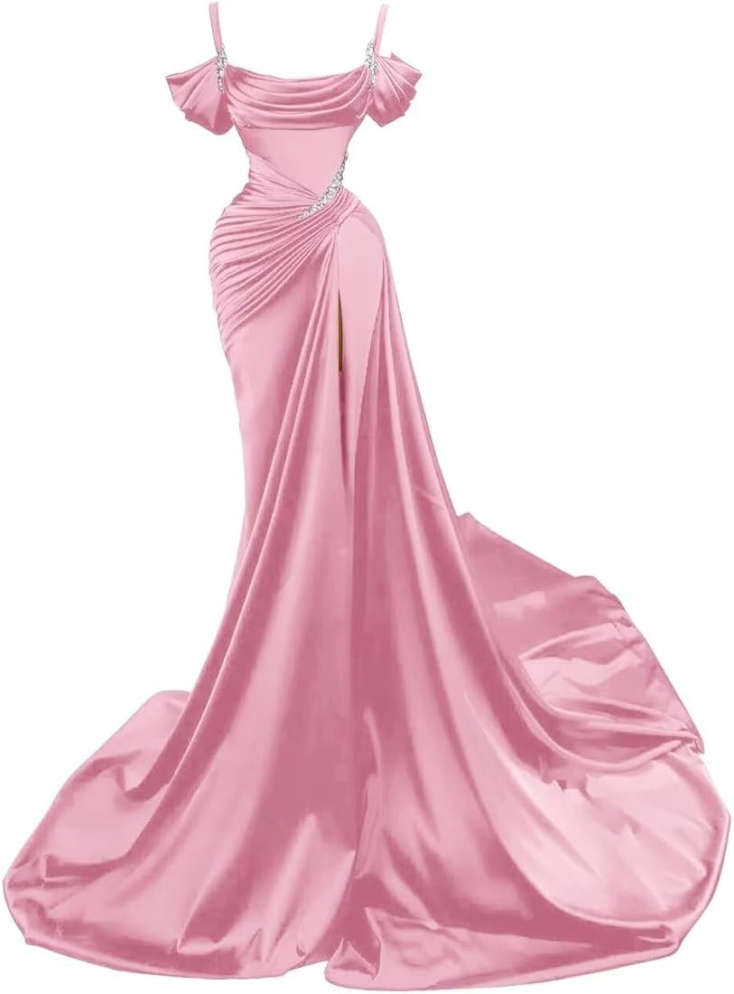 Satin Mermaid Prom Dress 2025 Long Spaghtti Straps Beaded Sparkly Wedding Dresses Split Ball Gown... | Amazon (US)