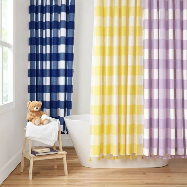 Gap Home Kids Large Gingham Organic Cotton Shower Curtain with Tassels, Blue, 72"x72" - Walmart.c... | Walmart (US)