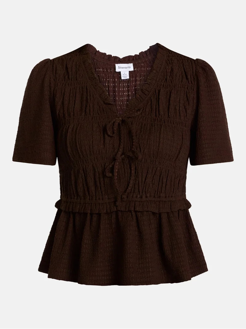 Scenario Women's and Women's Plus Textured Tie Front Top, Sizes XS-4X | Walmart (US)