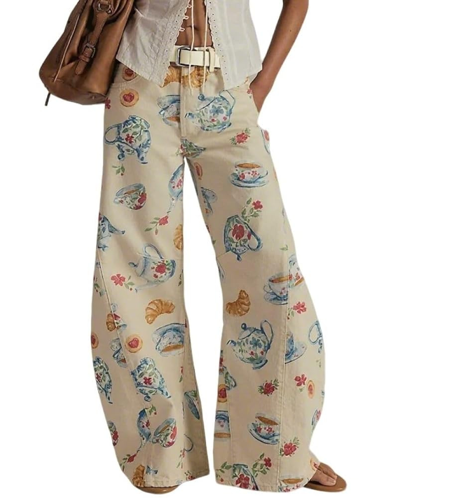 CHARTOU Women Floral Denim Wide Leg Pants High Waist Floor Length Baggy Barrel Jeans | Amazon (US)