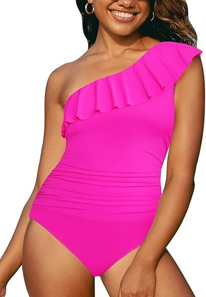 Hilor Women's One Piece Swimsuits One Shoulder Swimwear Asymmetric Ruffle Monokinis Bathing Suits | Amazon (US)