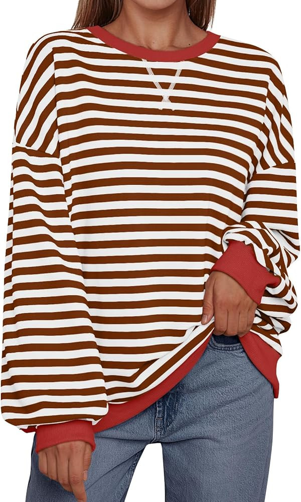 Trendy Queen Oversized Sweatshirt for Women 2024 Fall Crewneck Striped Long Sleeve Shirts Hoodies... | Amazon (US)