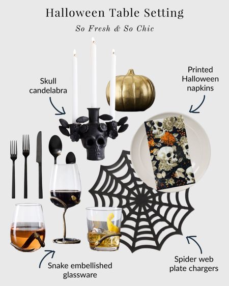 Halloween dinner table setting!
-
Etsy - West Elm - Target - leather spider web charger - spider web place mat - minimalist Halloween decor - black and gold Halloween dinner table setting - ceramic skull candle holder - black taper candles - printed skull Halloween napkins - snake embellished wine glass - stoneware dinner plates - gold pumpkin decor - black flatware - modern Halloween - Halloween party decor - table decor  

#LTKhome #LTKunder100 #LTKsalealert