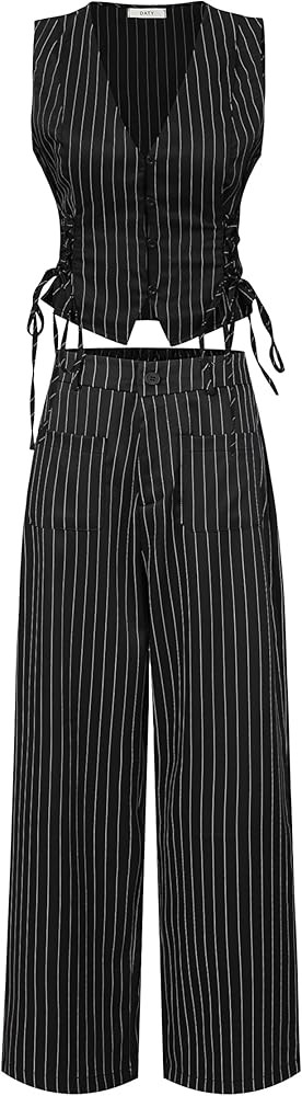 MOD V-Neck Sleeveless Side Tie Waist Straight Pants Black Striped Suit Set,Back To School Preppy ... | Amazon (US)