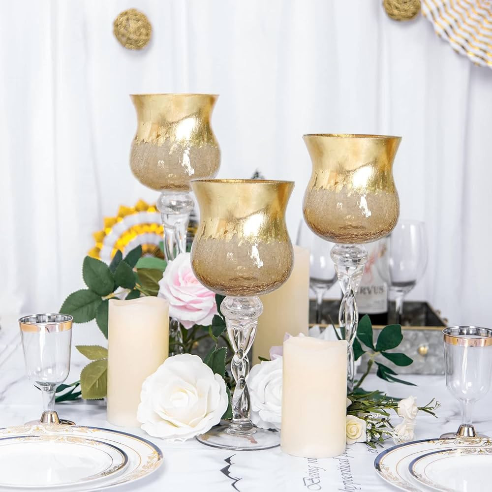 Tableclothsfactory Set of 3 Hurricane Long Stem Gold Foil Crackle Glass Vases Candle Holder Set -... | Amazon (US)