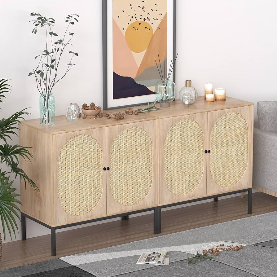 XIAO WEI Set of 2 Buffet Sideboard with Handmade Natural Rattan Doors, Rattan Cabinet Storage Cab... | Amazon (US)