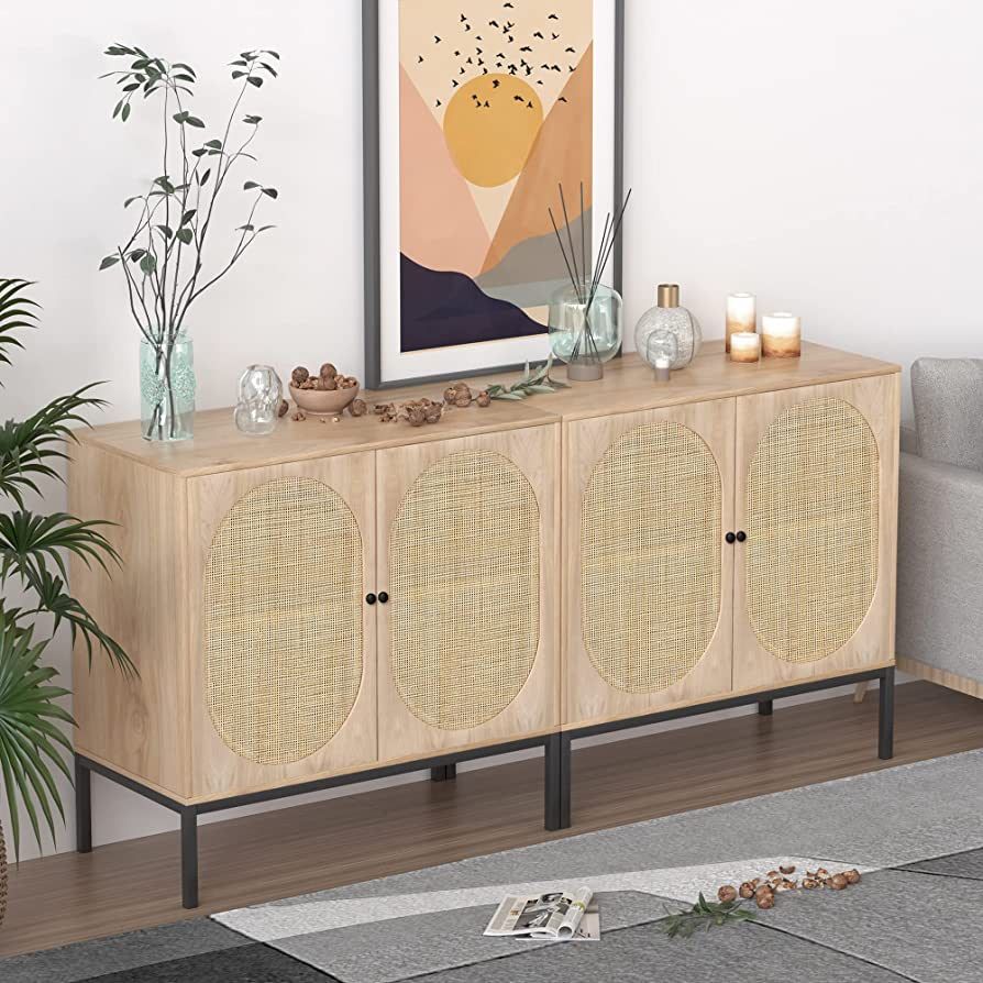 XIAO WEI Set of 2 Buffet Sideboard with Handmade Natural Rattan Doors, Rattan Cabinet Storage Cab... | Amazon (US)