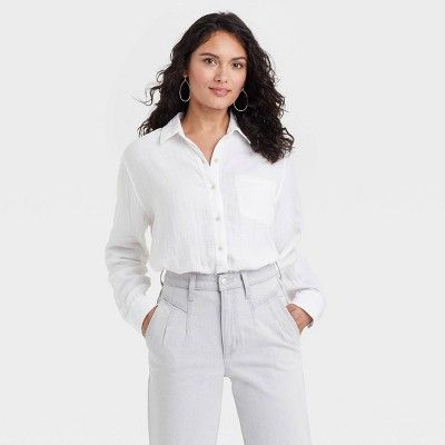 Women&#39;s Long Sleeve Relaxed Fit Gauze Button-Down Shirt - Universal Thread&#8482; White M | Target