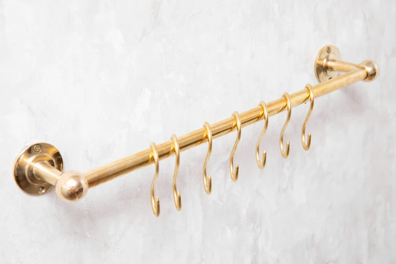 Unlacquered Brass Wall Mounted Pot Rack With Hooks, Brass Kitchen Pot Rail Bar With Hooks, Kitche... | Etsy (US)