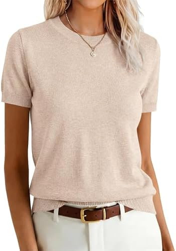 ANRABESS Womens Short Sleeve Sweaters Wool Blend Crew Neck Sweater Shirts Business Casual Work To... | Amazon (US)