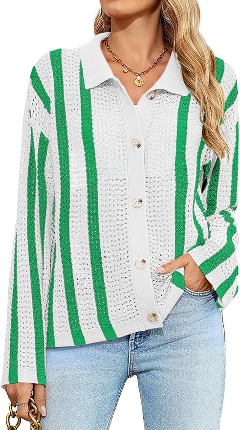 Saodimallsu Womens Striped Crochet Cardigan Button Summer Open Front Mesh Knit Long Sleeve V Neck... | Amazon (US)