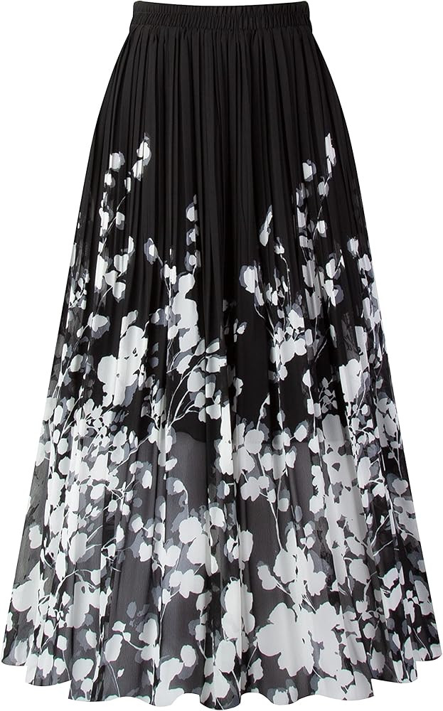 Kingfancy Women's Pleated Skirt Chiffon Elastic Waist A-Line Midi Length Skirt | Amazon (US)