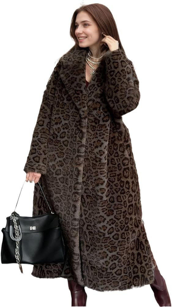 DJBM Women Lapel Maxi Outerwear Cozy Warm Fuzzy Leopard Fake Fur Pocketed Jacket with Belt for Wi... | Amazon (US)