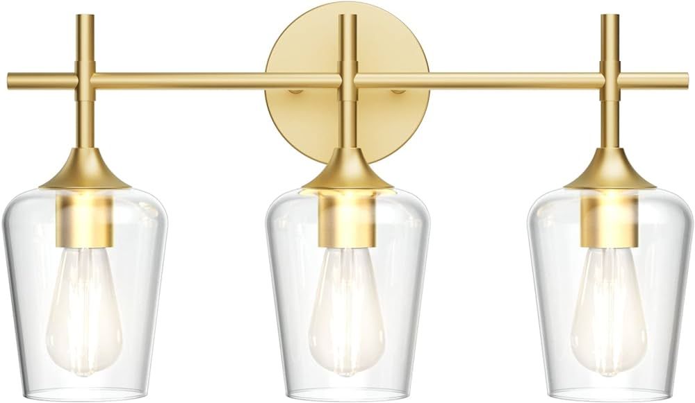 Ralbay Gold Bathroom Vanity Light 3-Lights Vintage Gold Vanity Lights Wall Lighting Clear Glass Gold | Amazon (US)