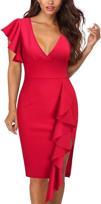 Women's Deep-V Neck Ruffle Sleeves Cocktail Party Pencil Slit Formal Dress | Amazon (US)