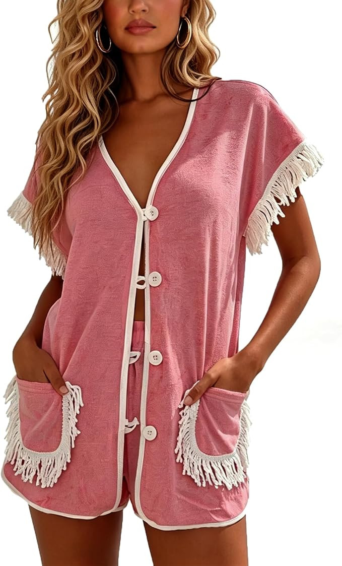 Franhais Womens 2 Piece Set Fringed Trim Vacation Outfits Short Sleeve Vneck Button Up Top Shorts... | Amazon (US)