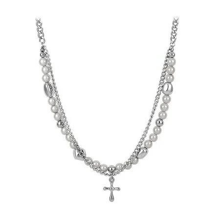 MOV Layered Pearl Cross Necklace Women Layered Choker Necklace Cross Pendant Necklace | Walmart (US)