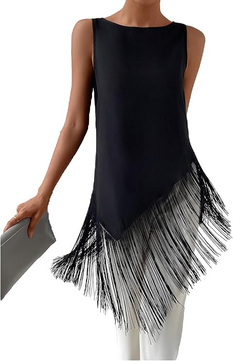 SHENHE Women's Sleeveless Fringe Hem Tank Top Crew Neck Asymmetrical Hem Dressy Shirts | Amazon (US)