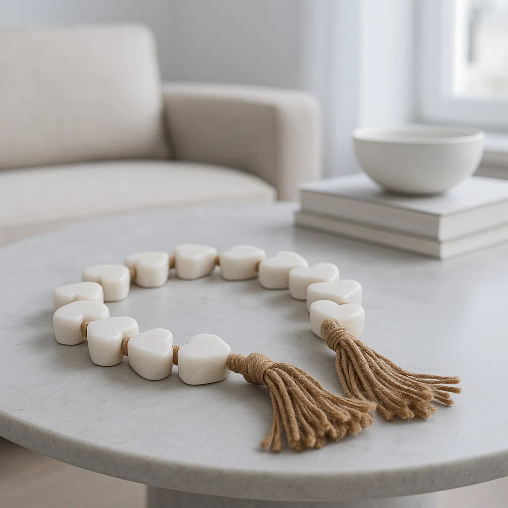 Decorative Stone Marble Beads Woven Jute Tassel Strand with Heart Shaped Accents for Rustic Textu... | Wayfair North America