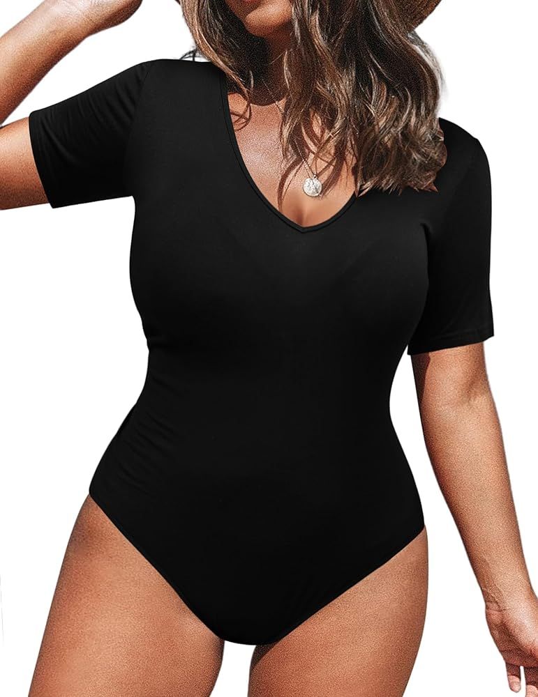 IN'VOLAND Women's Bodysuit Plus Size Short Sleeve Scoop Neck Bodysuit Basic Top T Shirt Leotards ... | Amazon (US)