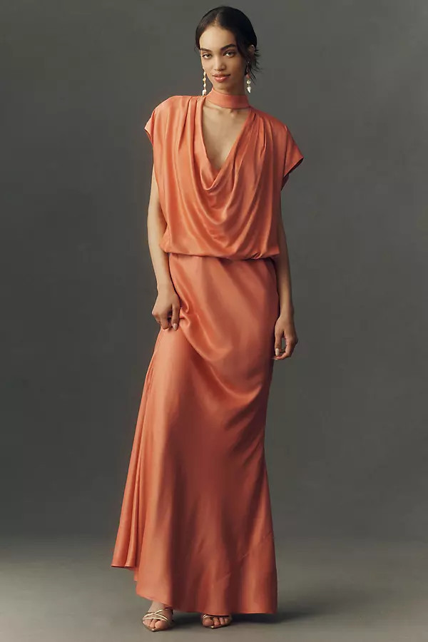 Plunge Cowl-Neck Satin Maxi Dress | Anthropologie (US)
