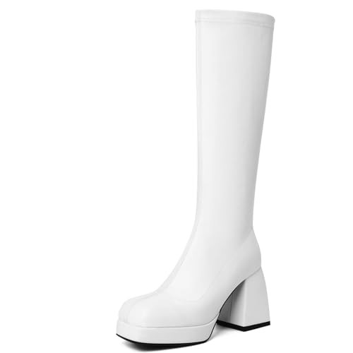 DOBOYG Women's Platform Boots Go Go Boots Knee High Boots Stretchy Square Toe Chunky Block Heeled Boots | Amazon (US)