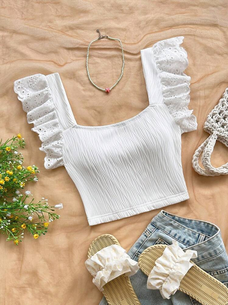 Soleia Women's Vacation Wave Knit Texture Patchwork Ruffle Trim Crop Top, Sexy Party Wedding Gues... | SHEIN