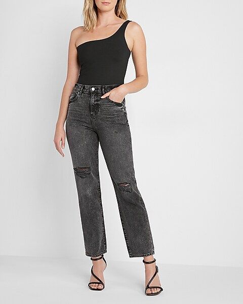 High Waisted Black Ripped Straight Ankle Jeans | Express