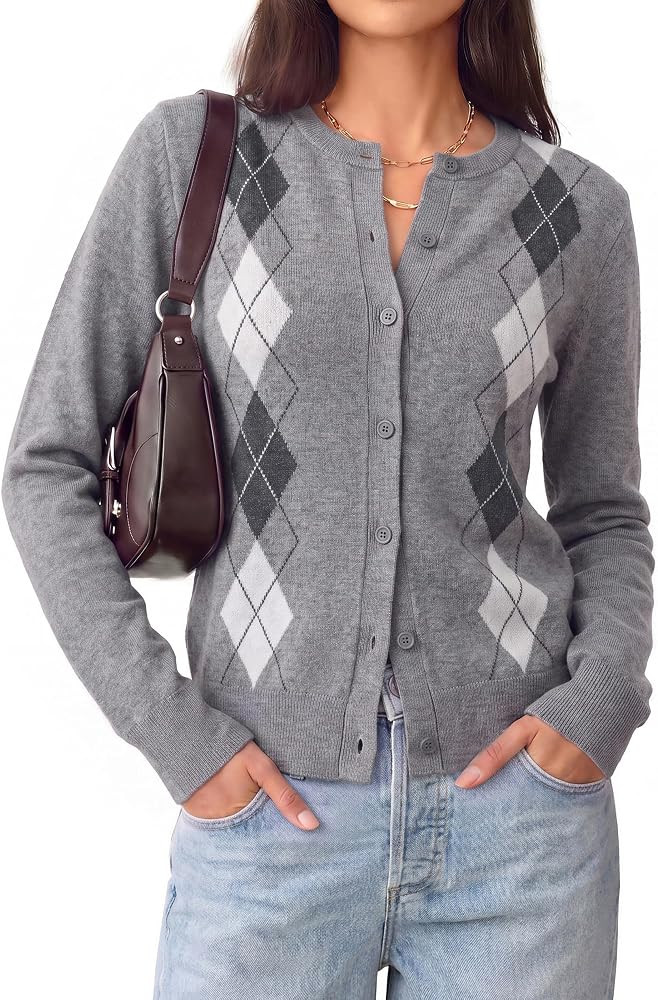 GRACE KARIN Cardigan for Women Argyle Fall Sweaters Cozy Teacher Outfits | Amazon (US)