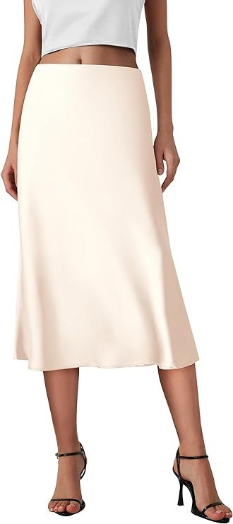 PRETTYGARDEN Womens Midi Skirts 2024 Summer Dressy Casual High Waisted Ruffle A Line Silk Satin S... | Amazon (US)