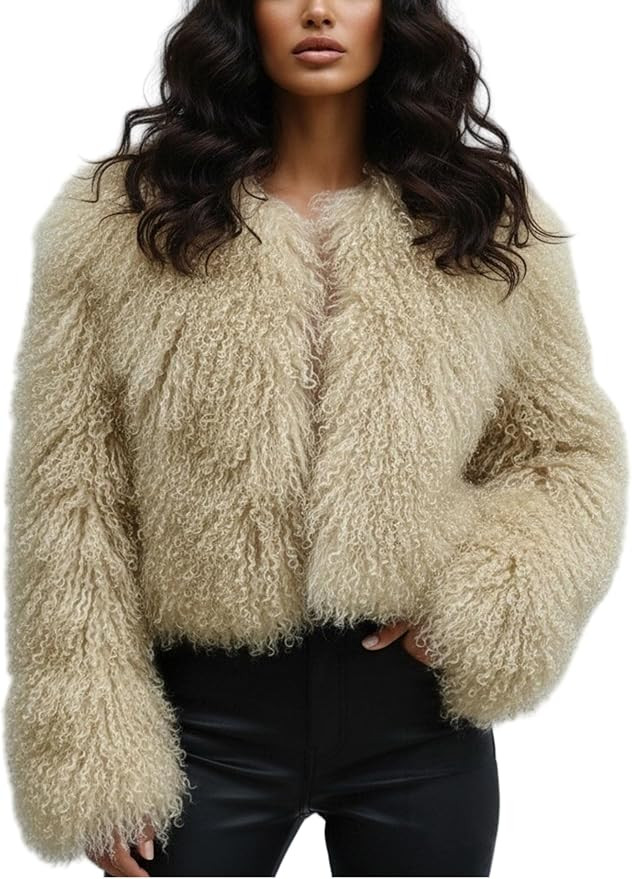 Women Genuine Mongolian Fur Short Coat Fur Jacket Long Sleeve Shaggy Outwear Premium Warm Winter | Amazon (US)