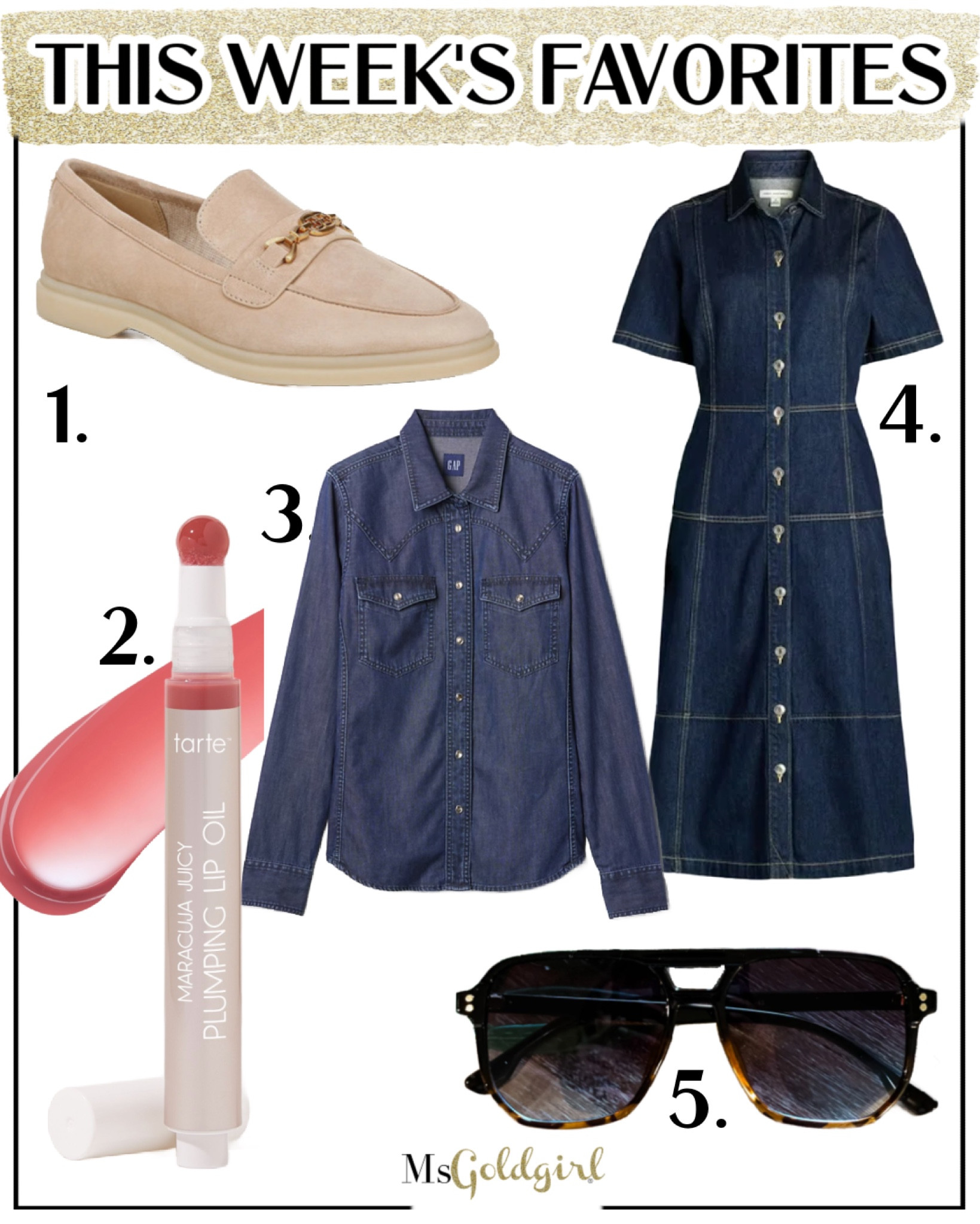 Weekly Favorites August 9, 2024

1. These INCREDIBLY soft suede loafers are soft on the inside too! Runs tts and I LOVE the rubber/gum sole for traction and a little height.

2. I have been wearing this lip oil in Mixed Berries all week. It’s so lightweight and moisturizing on the lips but it does have more pigment than other lip oils, plus a very slight plumping feel. Use code MARNIE15 to get 15% off.

3. I’ve been using a denim/chambray shirt as an outer layer/jacket in my current travels and it’s such a great alternative to a full on denim jacket. Plus you can just wear it as a shirt with all sorts of bottoms to make another outfit!

4. This denim (not chambray) shirtdress is fantastic. It’s a heavier weight, like a true denim, but it’s not stiff and heavy. It has pockets on the sides and the buttons are all fully functional. I have it in an XS. 

5. This oversized sunglasses are lightweight and they have every color I want in a pair of sunglasses. Black frames on the top graduate to a tortoiseshell and the lenses are a light blue. Use code MARNIE15 to get 15% off.

#fridayfinds #weeklyfavorites #denim #falloutfits #loafers #denimdress #shirtdress #beautyover50 #fashionover50 

#LTKFindsUnder50 #LTKShoeCrush #LTKOver40