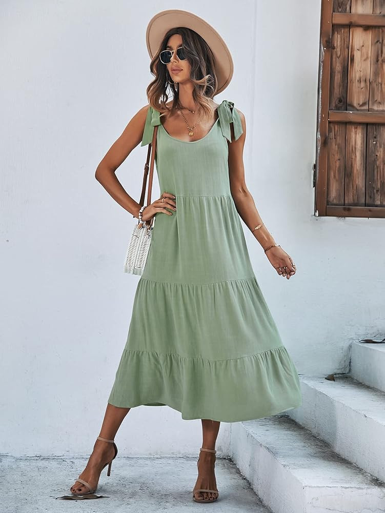 GAOVOT Womens Summer Shoulder Tie Strap Babydoll Dress Casual Scoop Neck Backless Tiered Ruffle Soli | Amazon (US)